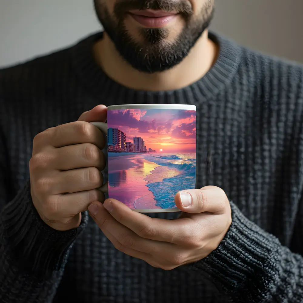 Pink Sunset Beach Ocean Waves Coastal View – Mugs