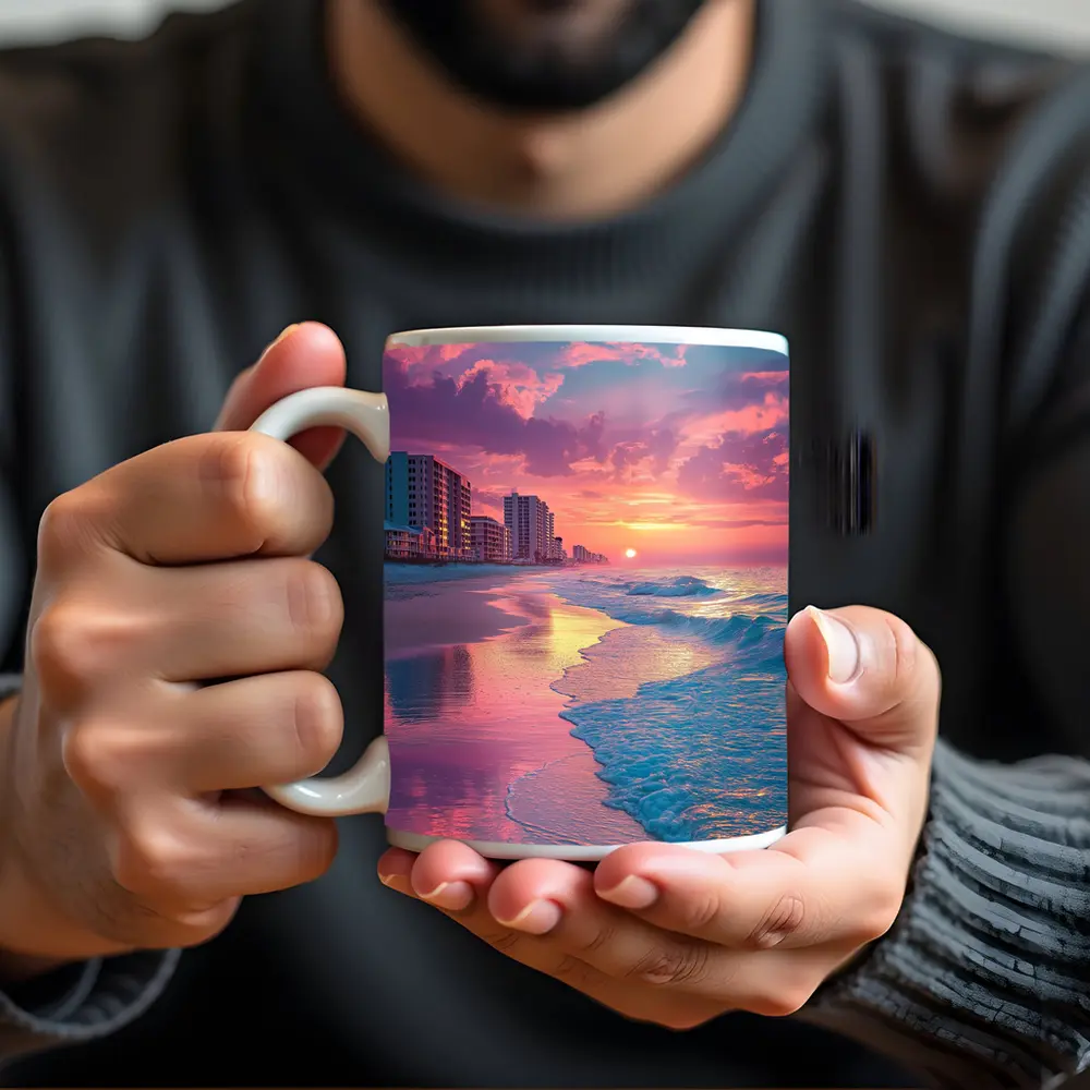 Pink Sunset Beach Ocean Waves Coastal View – Mugs