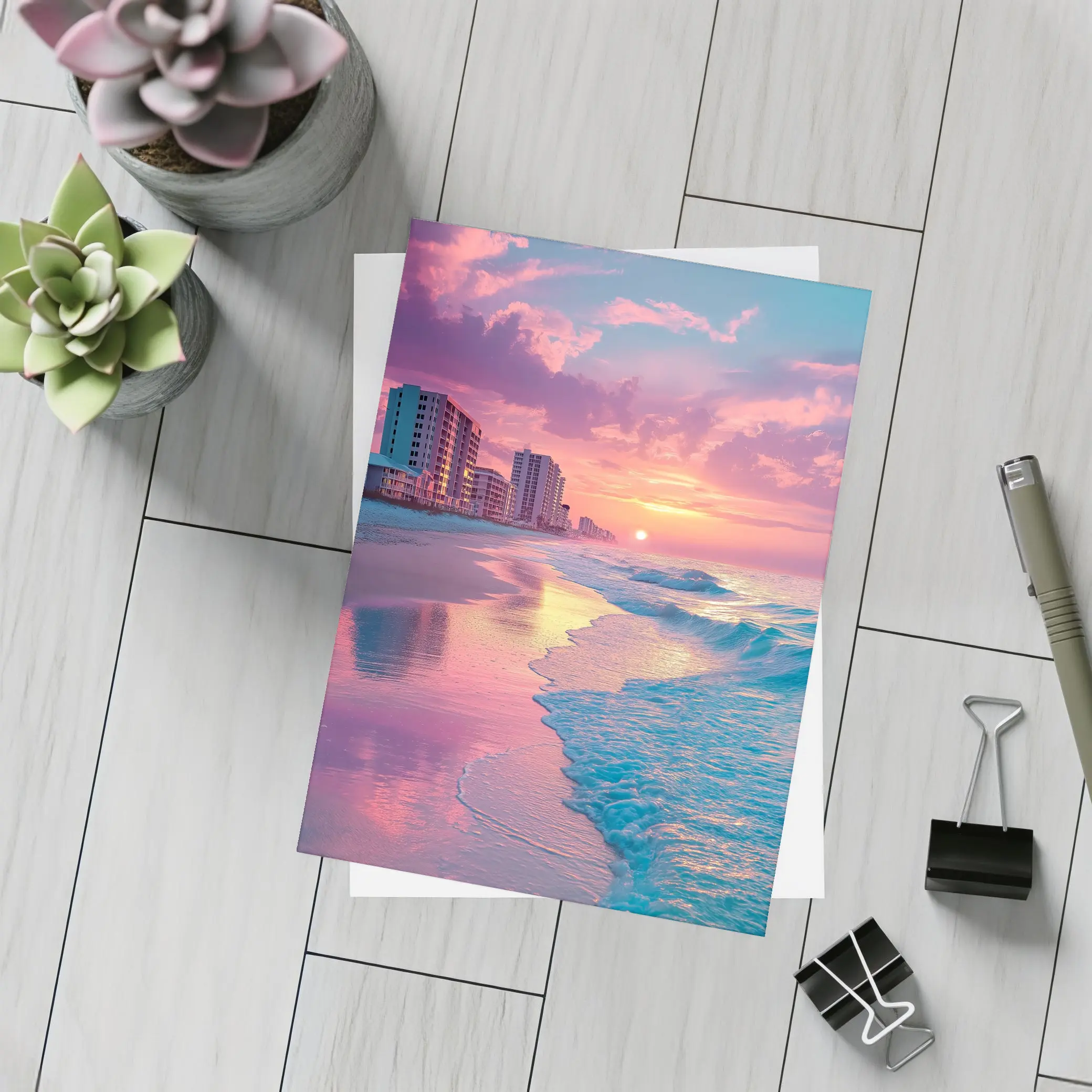 Pink Sunset Beach Ocean Waves Coastal View – Postcards
