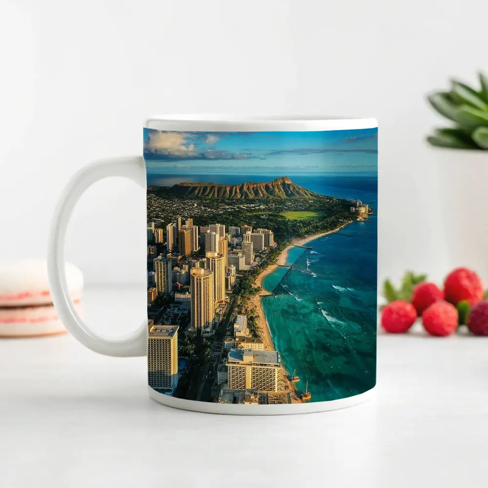 Waikiki Beach Diamond Head Aerial City View – Mugs