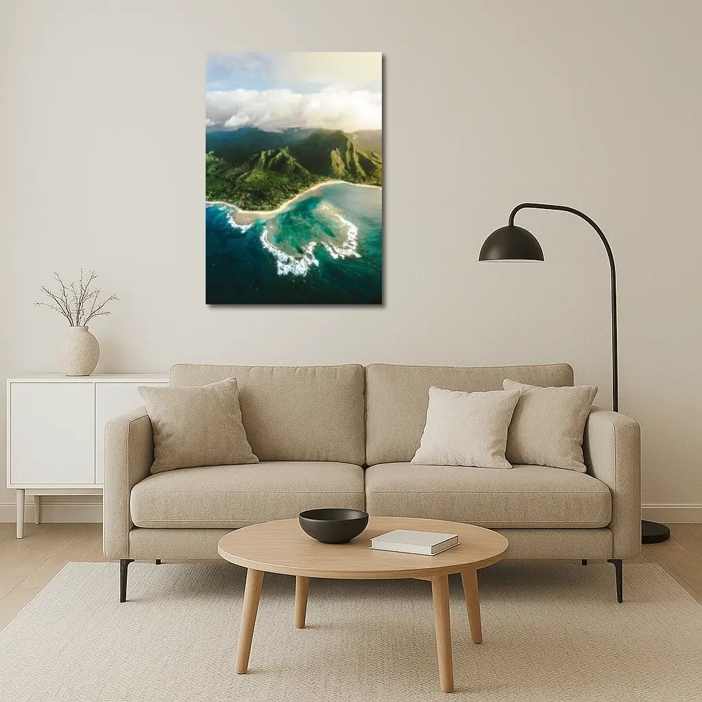 Aerial Hawaii Tropical Beach Green Mountains – Wall Art