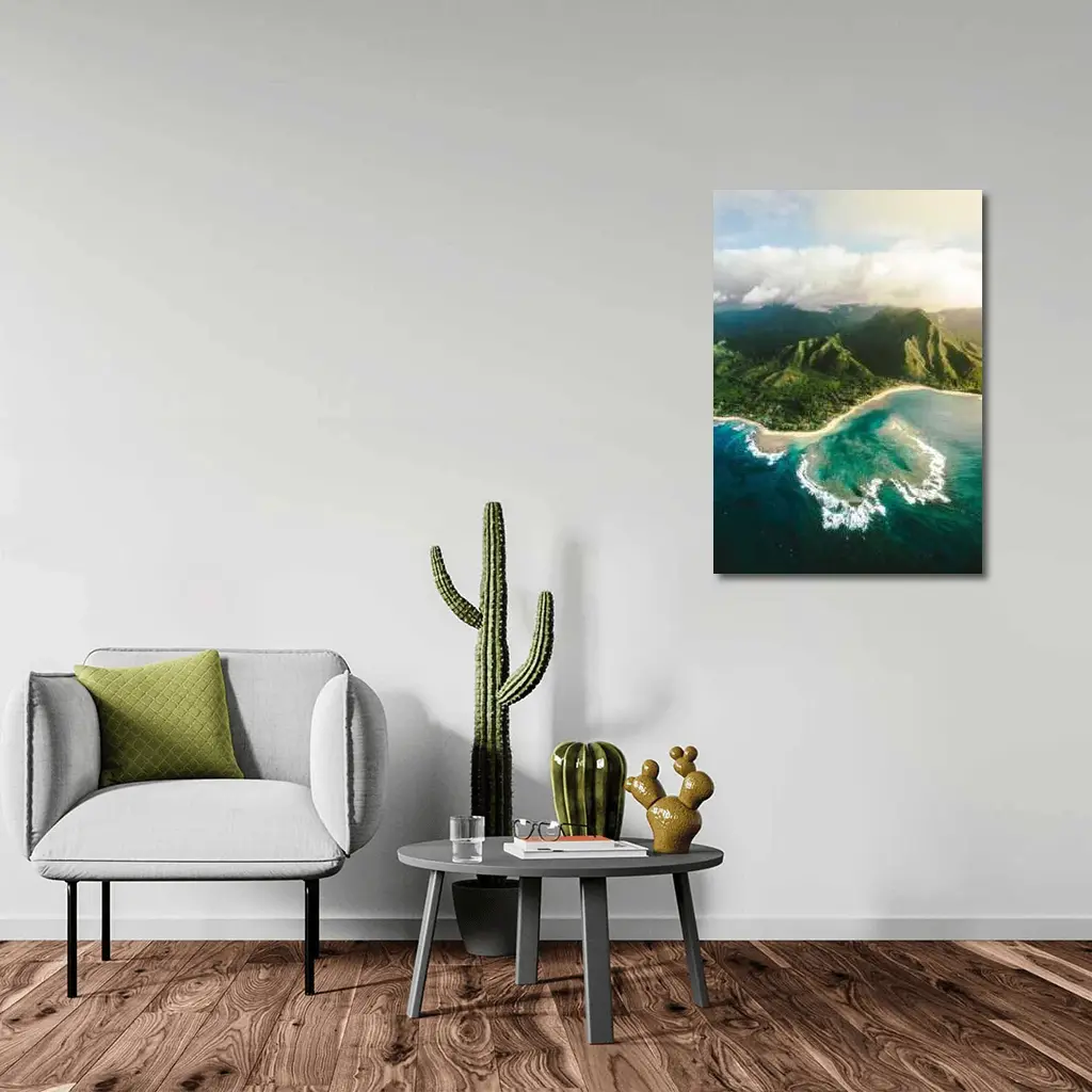 Aerial Hawaii Tropical Beach Green Mountains – Wall Art