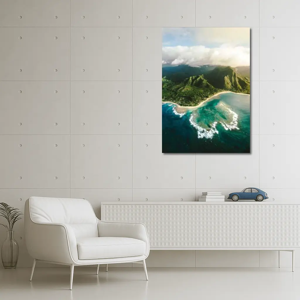 Aerial Hawaii Tropical Beach Green Mountains – Wall Art