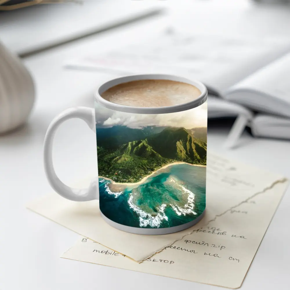 Aerial Hawaii Tropical Beach Green Mountains – Mugs