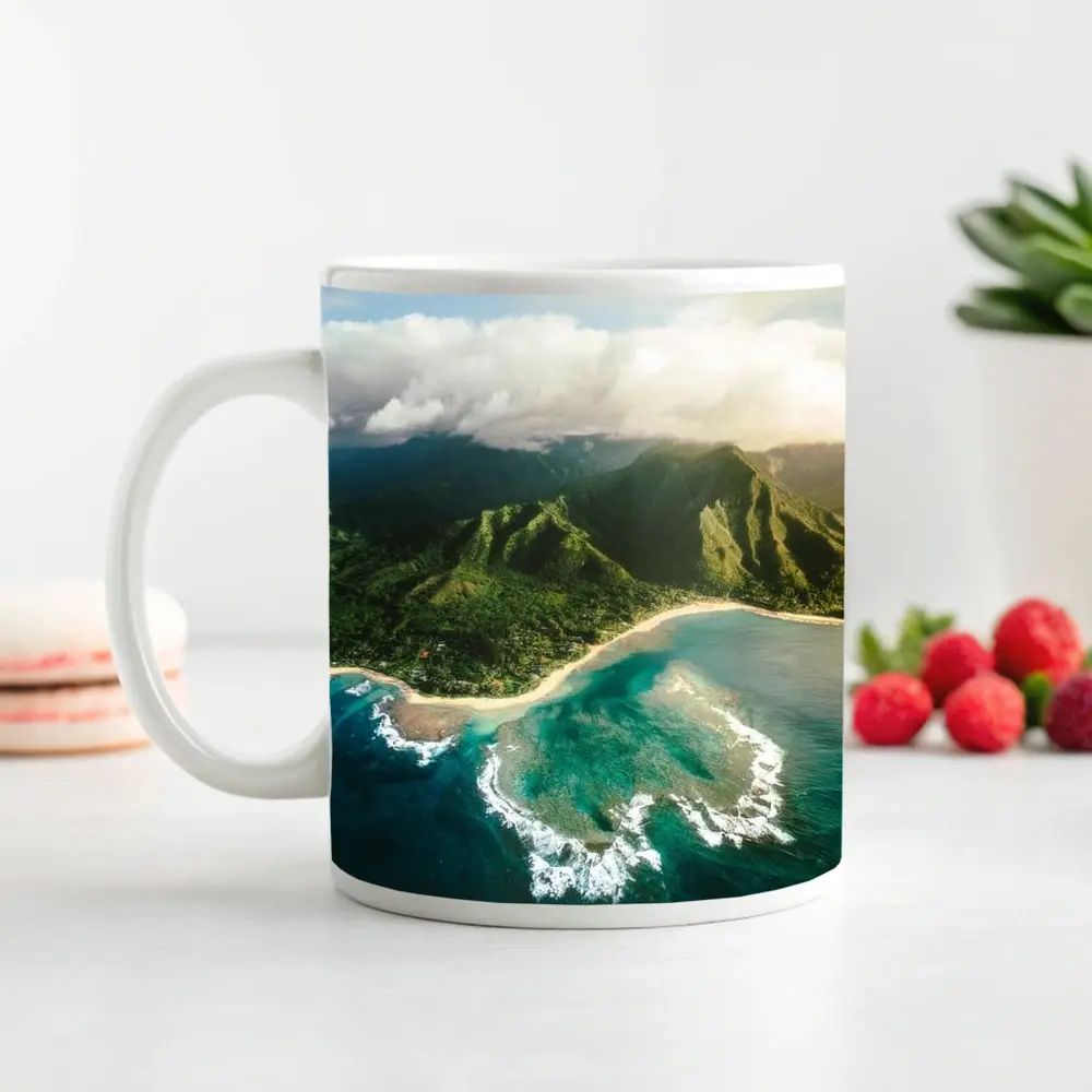 Aerial Hawaii Tropical Beach Green Mountains – Mugs