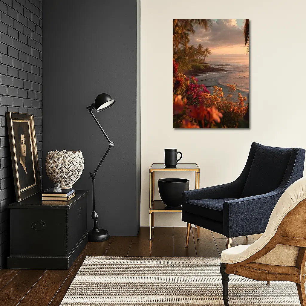 Tropical Coastal Sunset With Blooming Flowers – Wall Art
