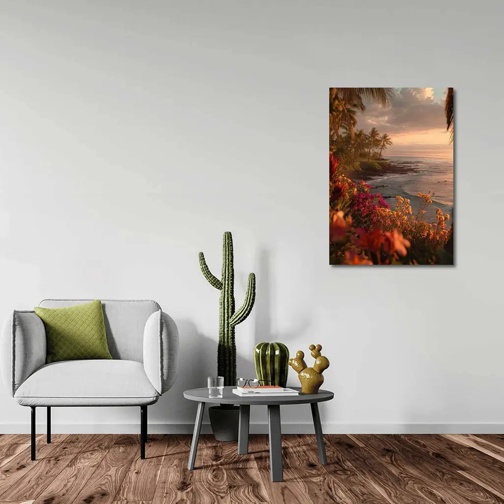 Tropical Coastal Sunset With Blooming Flowers – Wall Art