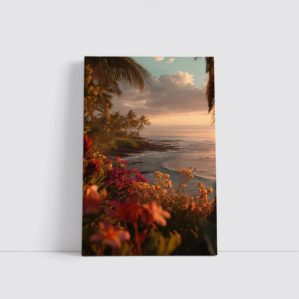 Tropical Coastal Sunset With Blooming Flowers – Wall Art