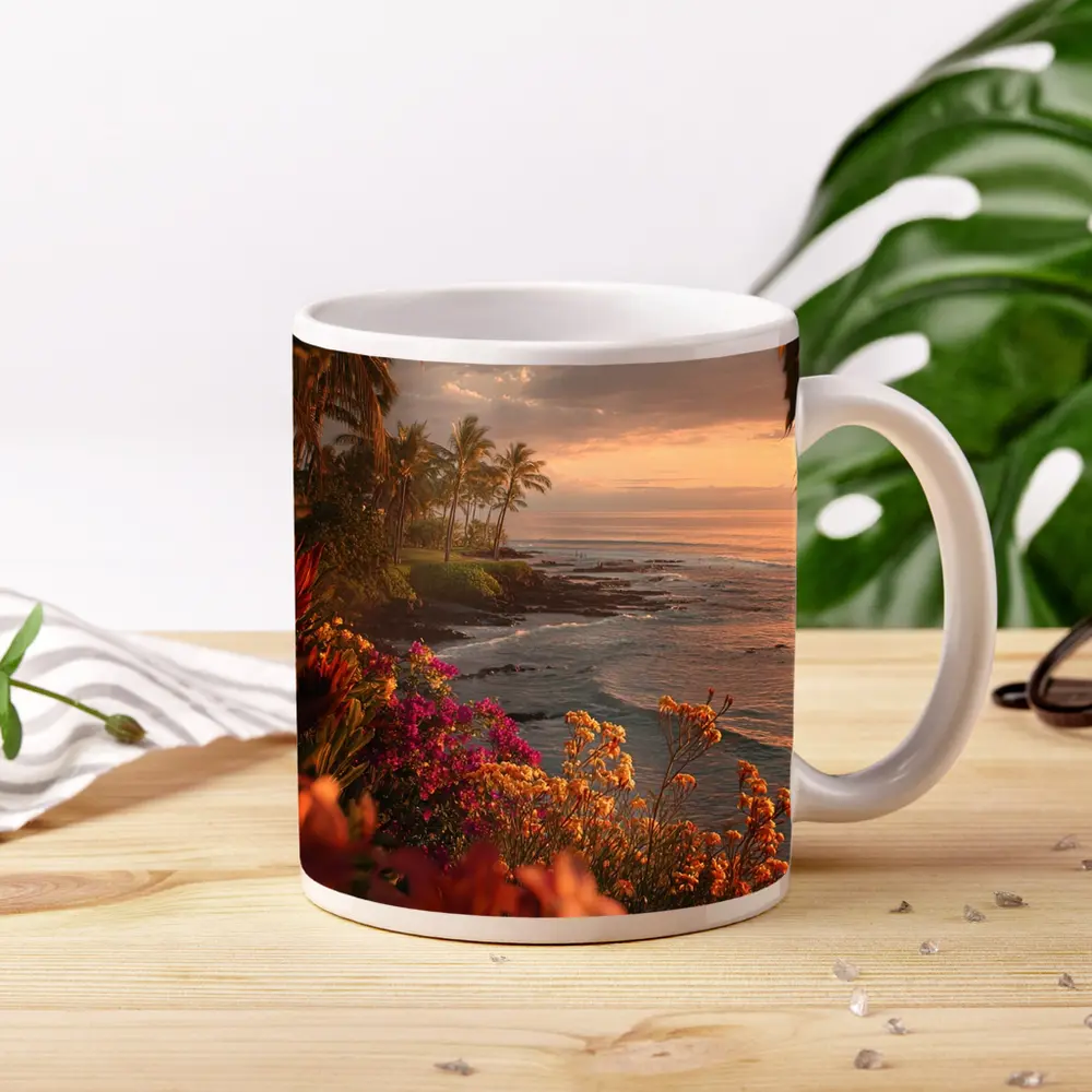 Tropical Coastal Sunset With Blooming Flowers – Mugs