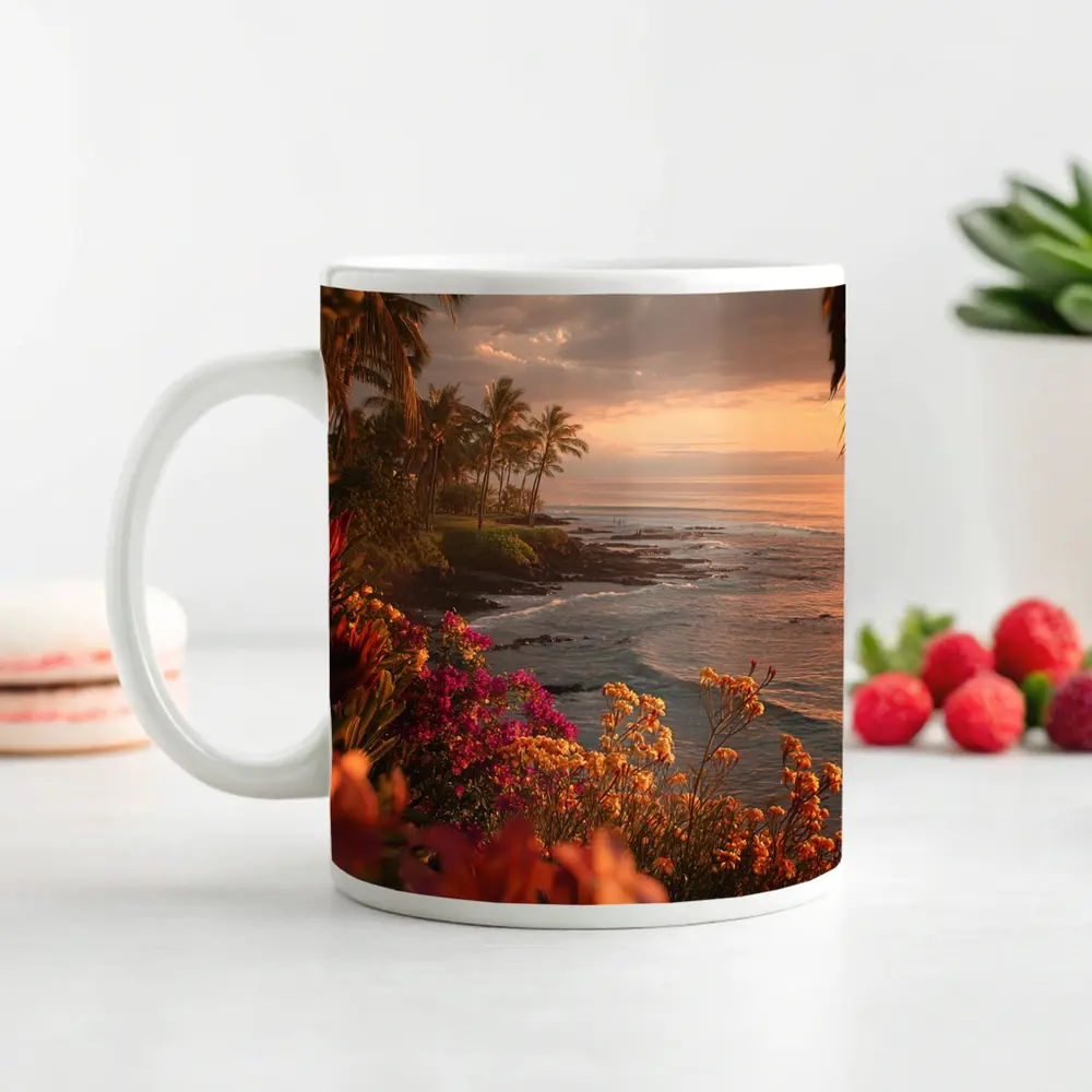 Tropical Coastal Sunset With Blooming Flowers – Mugs