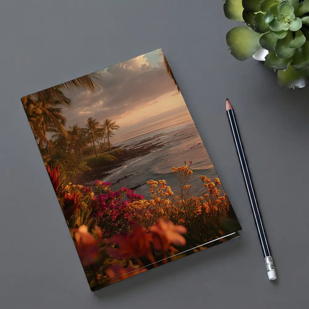 Tropical Coastal Sunset With Blooming Flowers – Notebooks