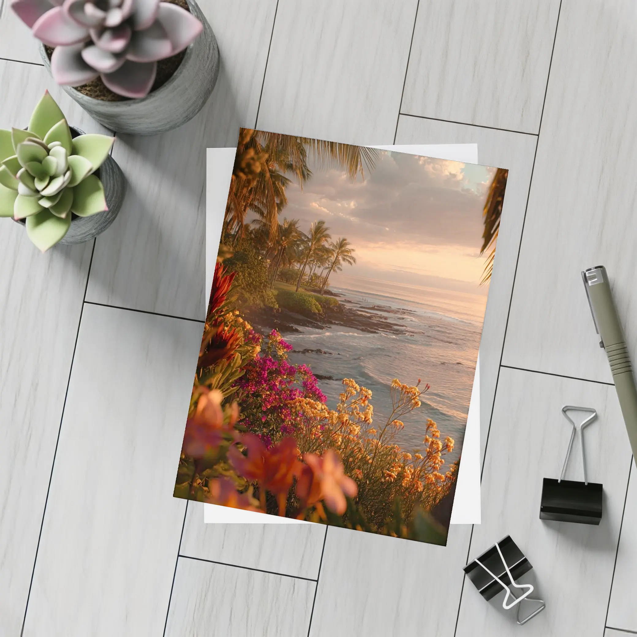 Tropical Coastal Sunset With Blooming Flowers – Postcards