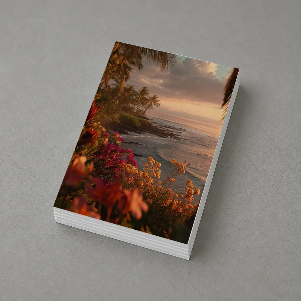 Tropical Coastal Sunset With Blooming Flowers – Postcards
