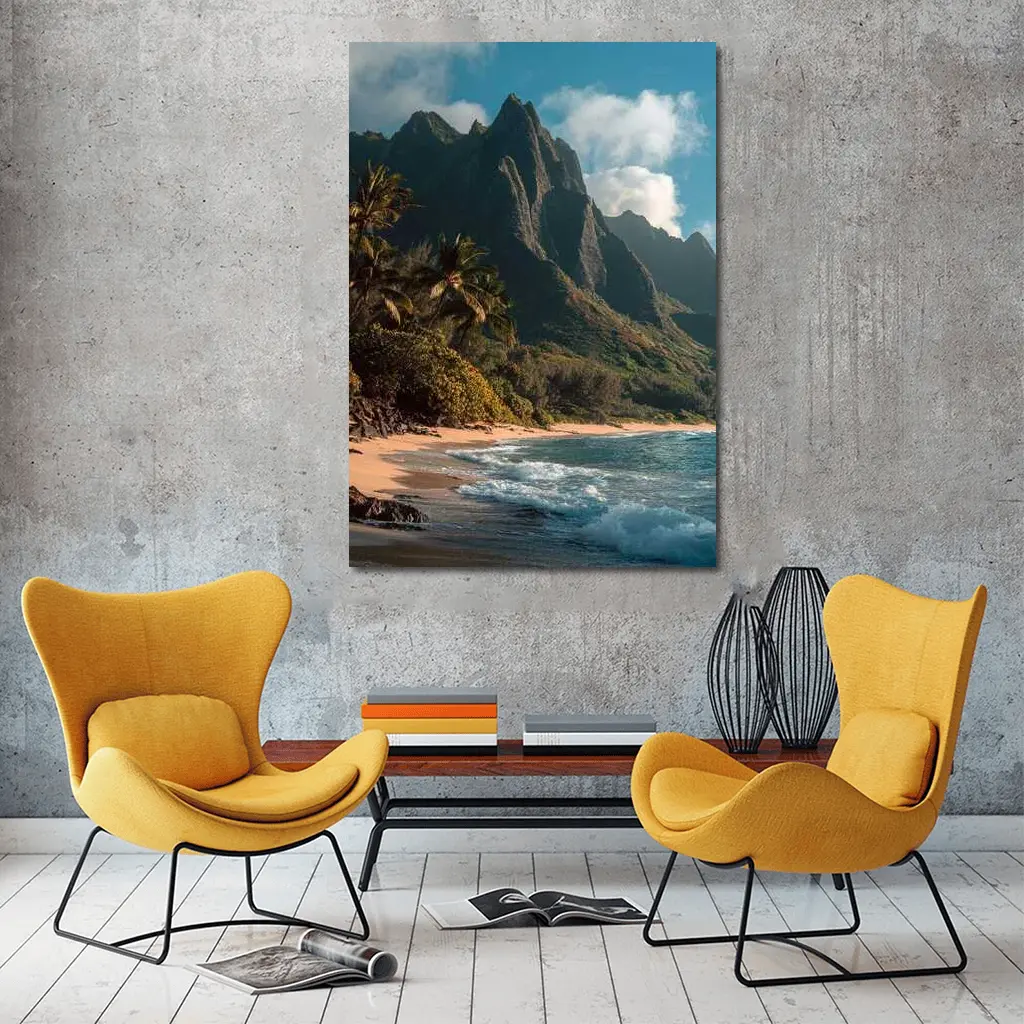 Tropical Beach With Dramatic Mountain Backdrop – Wall Art