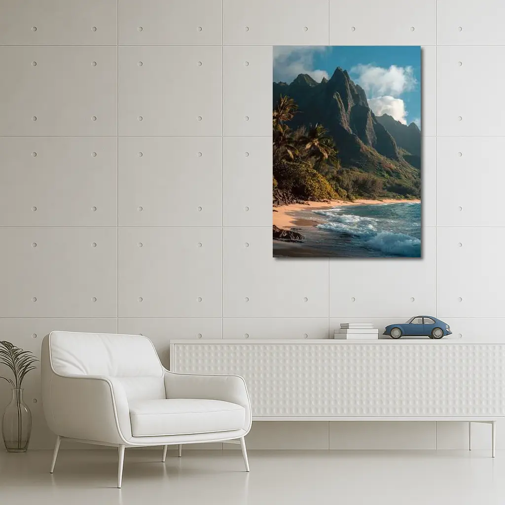 Tropical Beach With Dramatic Mountain Backdrop – Wall Art