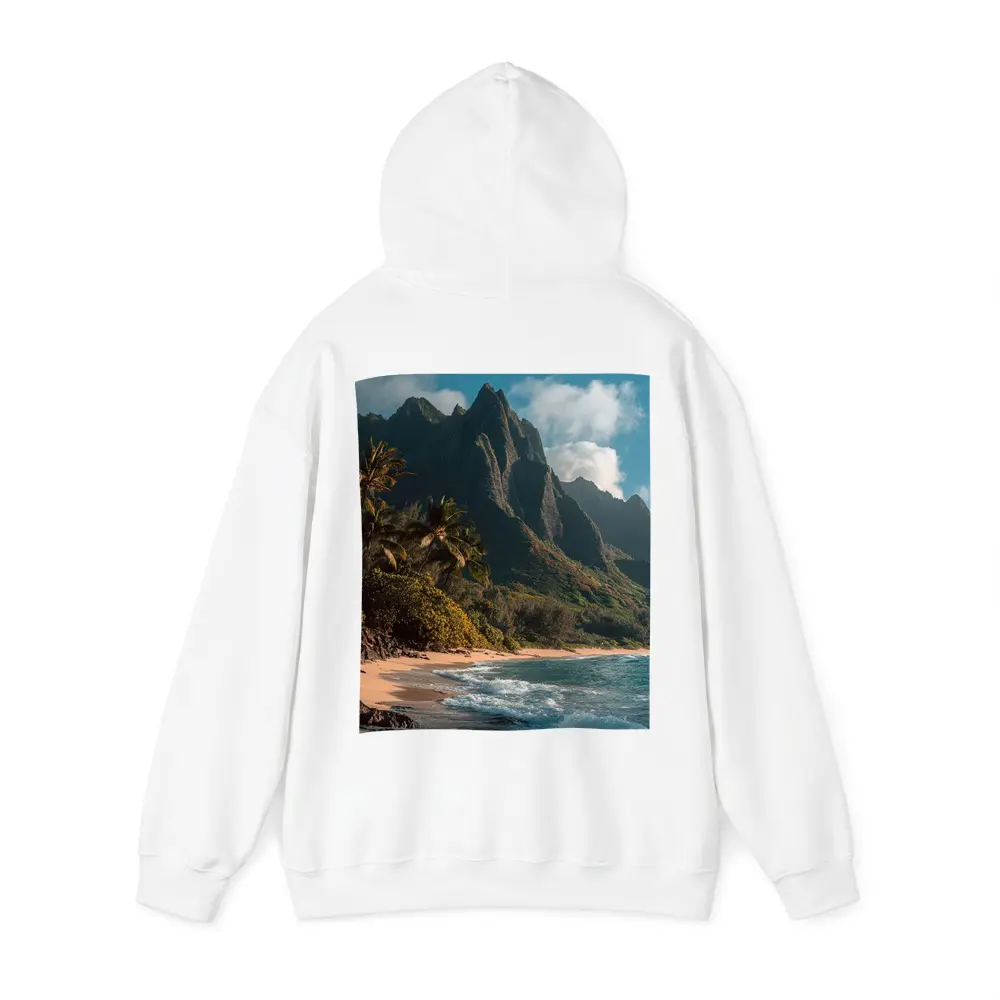 Tropical Beach With Dramatic Mountain Backdrop – Hoodies