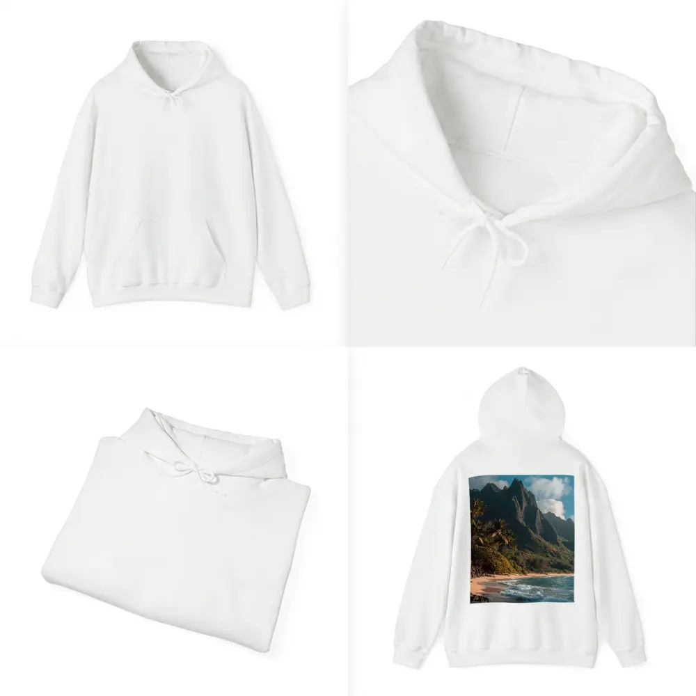 Tropical Beach With Dramatic Mountain Backdrop – Hoodies