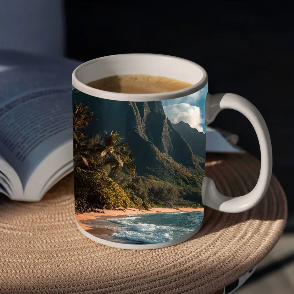 Tropical Beach With Dramatic Mountain Backdrop – Mugs