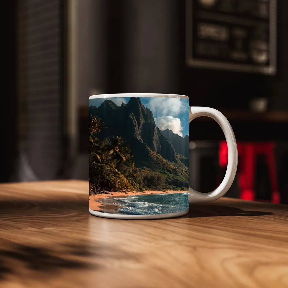 Tropical Beach With Dramatic Mountain Backdrop – Mugs