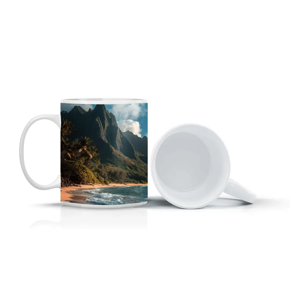 Tropical Beach With Dramatic Mountain Backdrop – Mugs