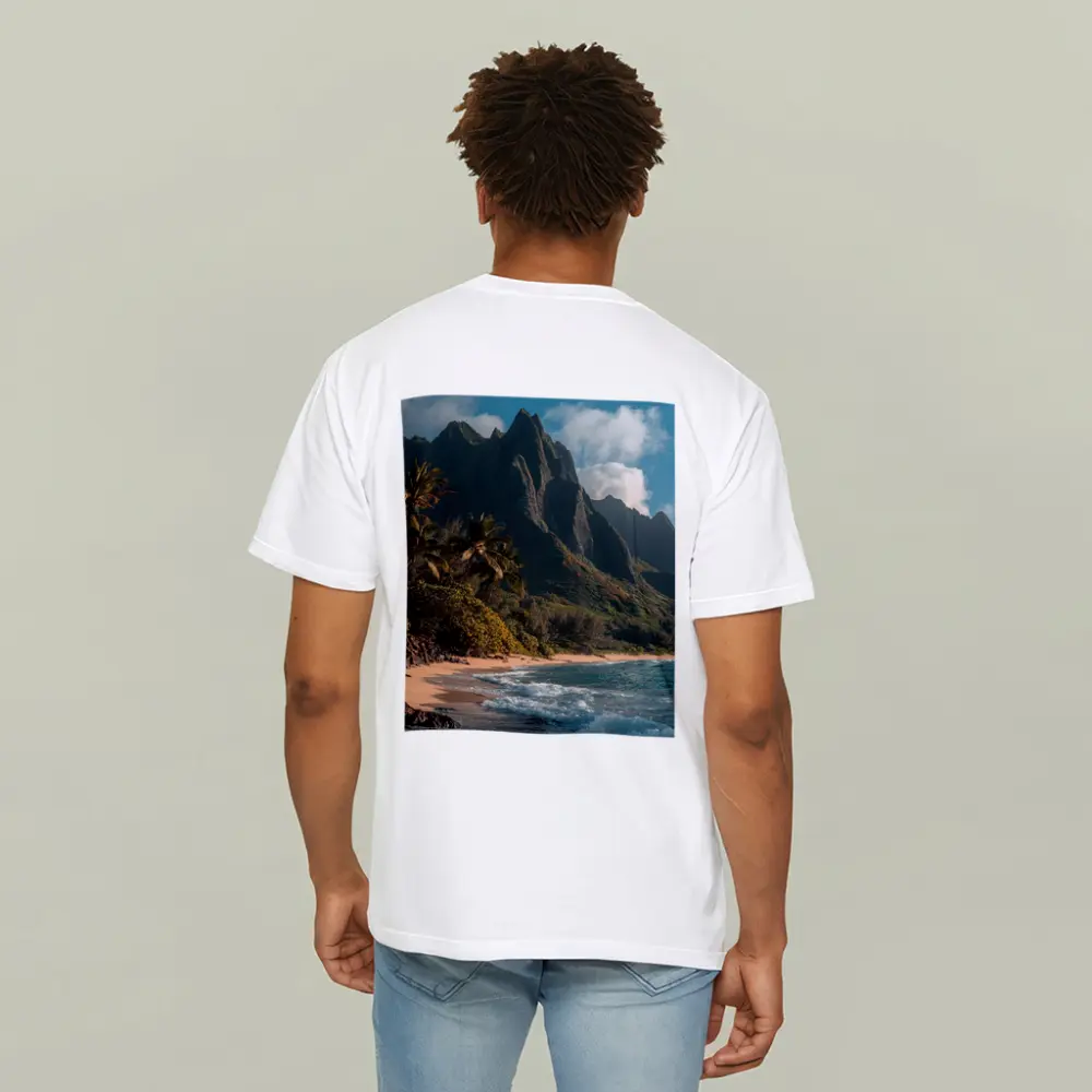 Tropical Beach With Dramatic Mountain Backdrop – T-Shirts