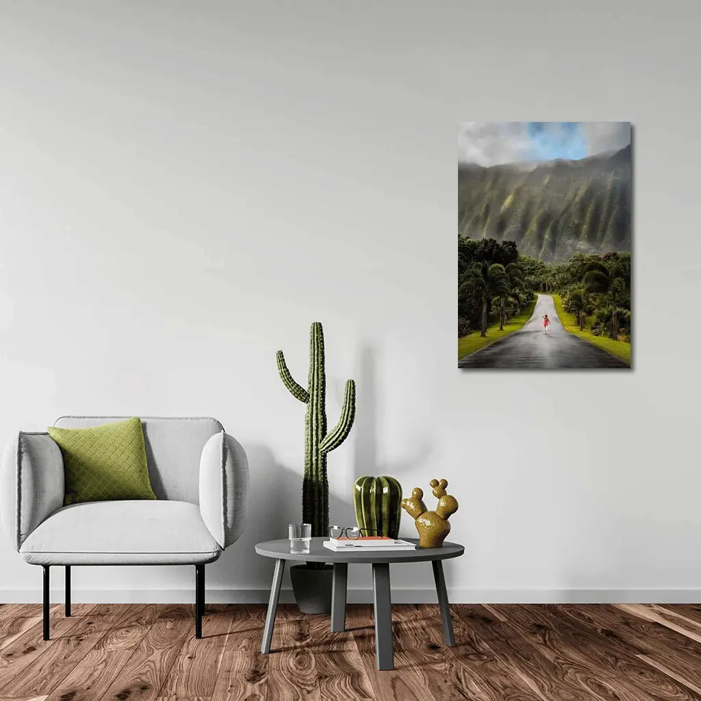 Woman Walking Road Misty Green Mountains – Wall Art