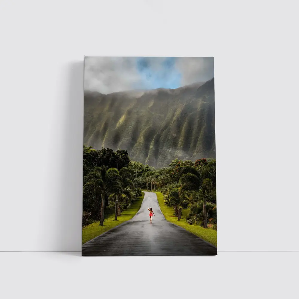 Woman Walking Road Misty Green Mountains – Wall Art