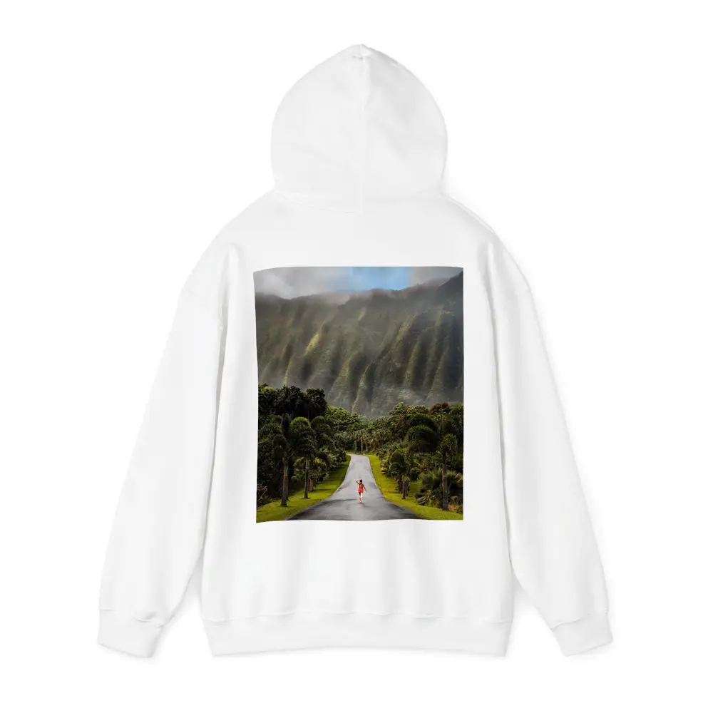 Woman Walking Road Misty Green Mountains – Hoodies