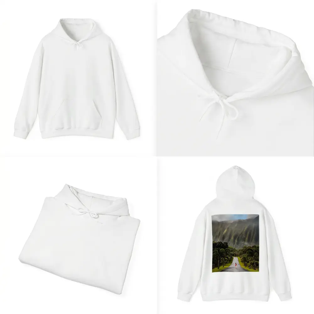 Woman Walking Road Misty Green Mountains – Hoodies