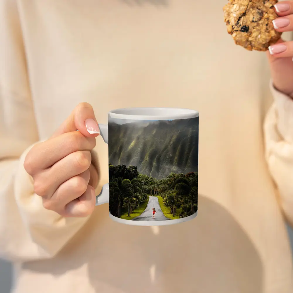 Woman Walking Road Misty Green Mountains – Mugs