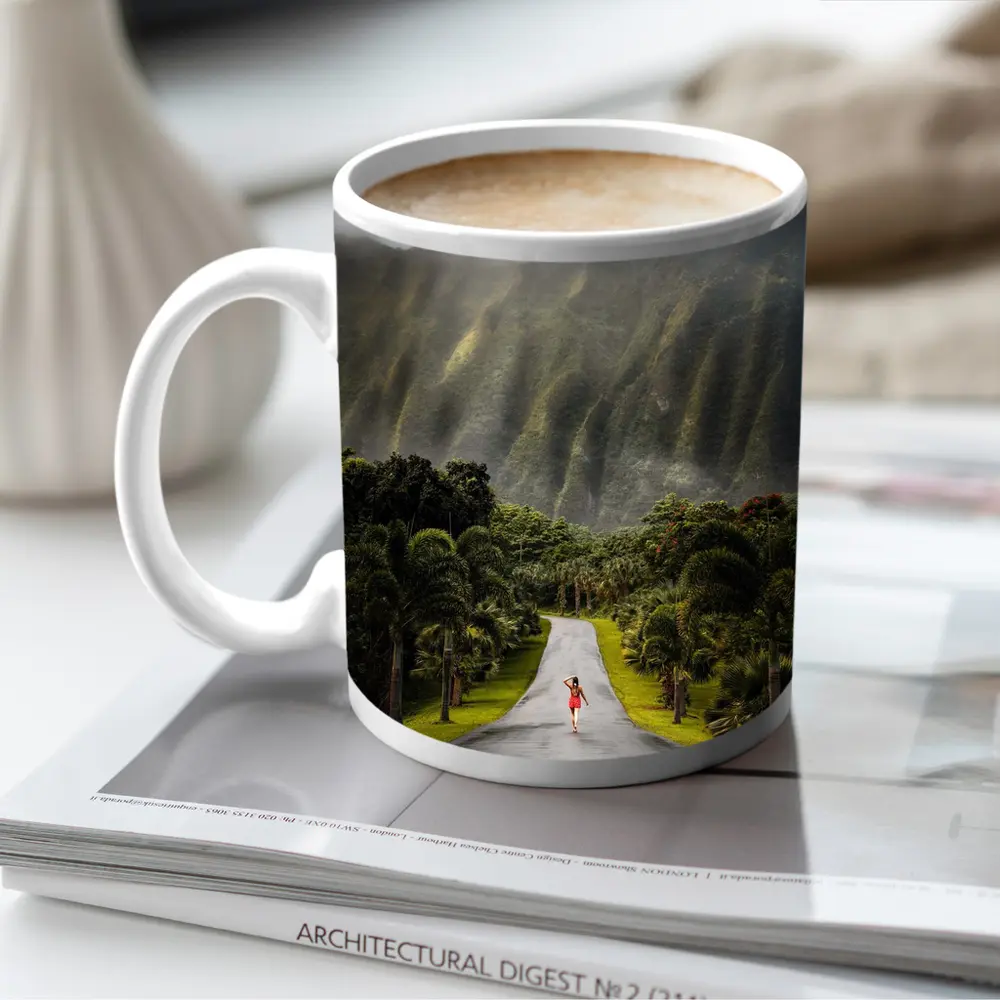 Woman Walking Road Misty Green Mountains – Mugs