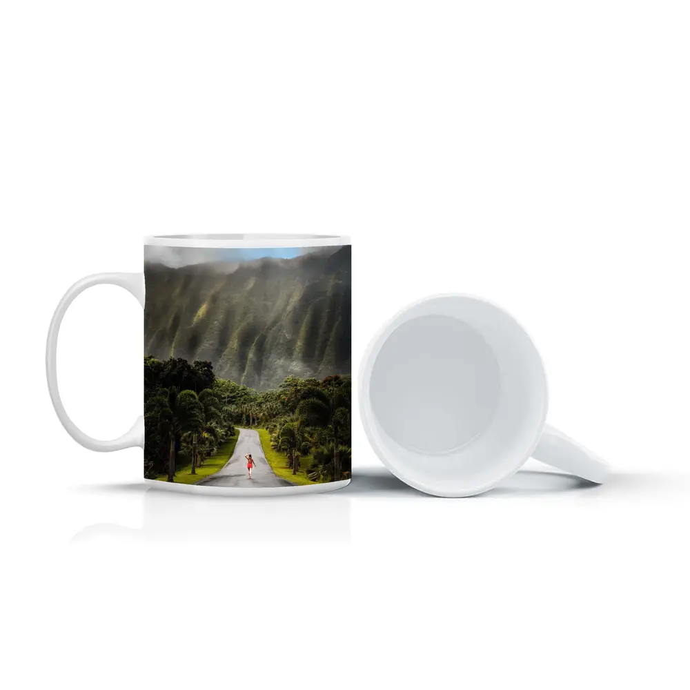Woman Walking Road Misty Green Mountains – Mugs