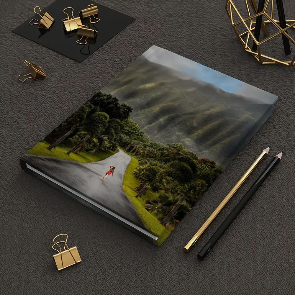 Woman Walking Road Misty Green Mountains – Notebooks