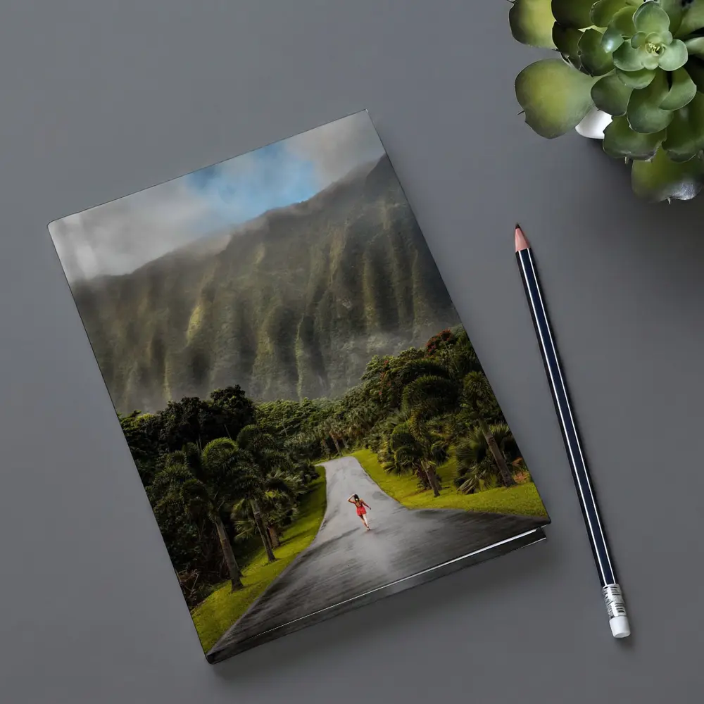 Woman Walking Road Misty Green Mountains – Notebooks