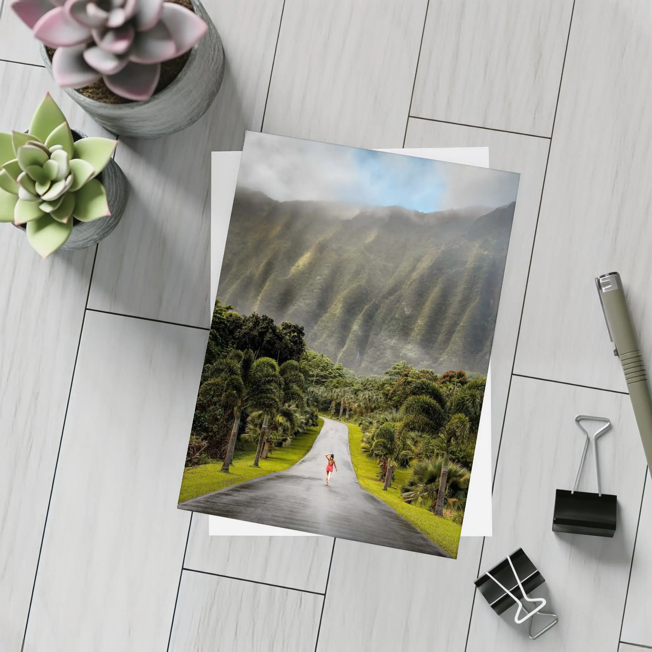 Woman Walking Road Misty Green Mountains – Postcards