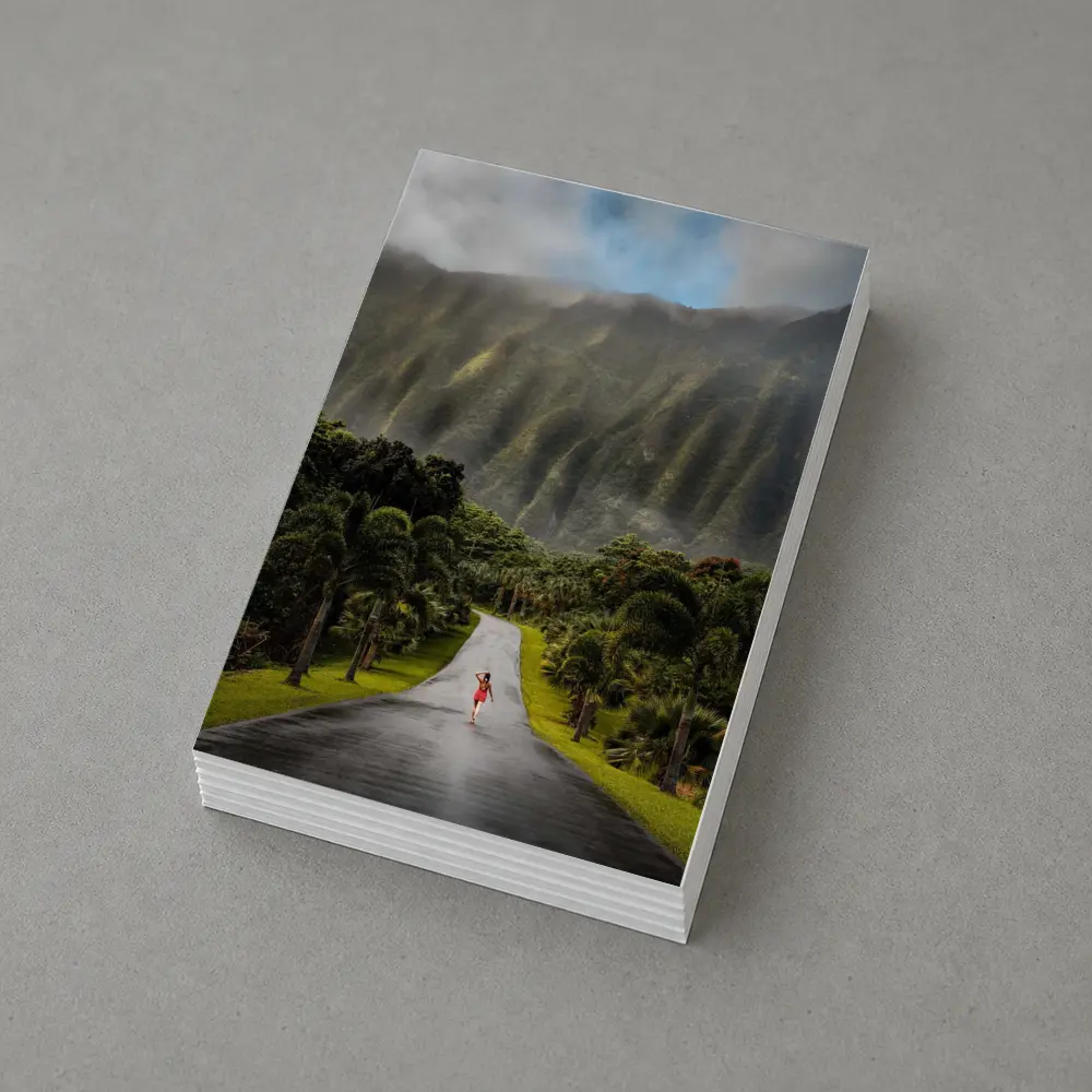Woman Walking Road Misty Green Mountains – Postcards