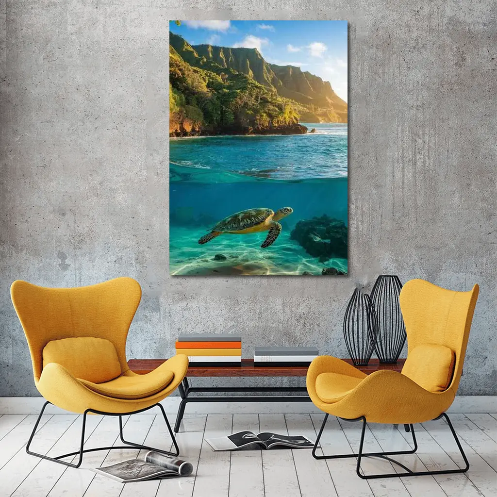 Sea Turtle Swimming Near Tropical Coastal Mountains – Wall Art