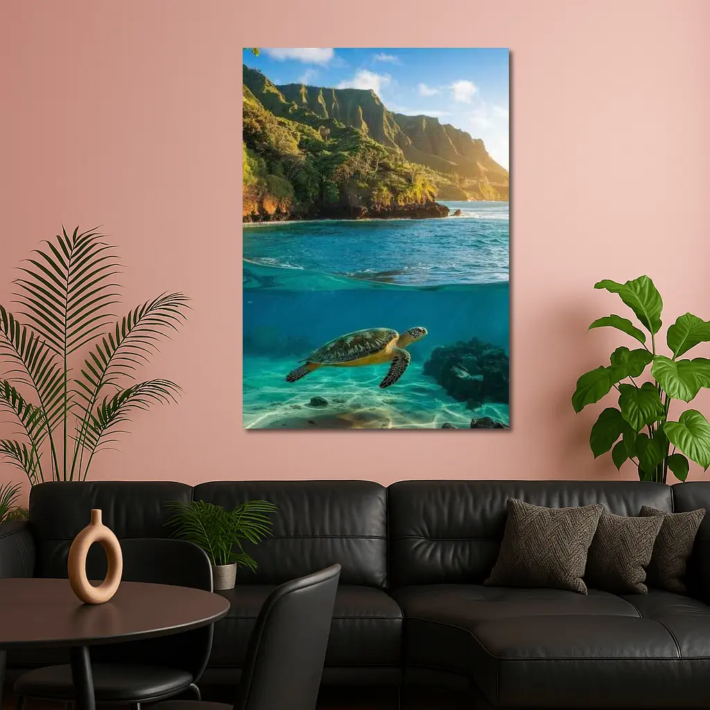 Sea Turtle Swimming Near Tropical Coastal Mountains – Wall Art