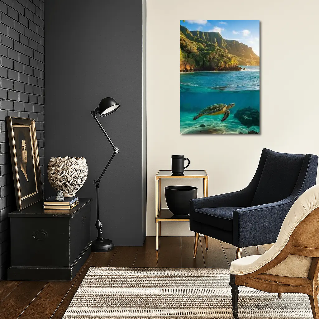 Sea Turtle Swimming Near Tropical Coastal Mountains – Wall Art