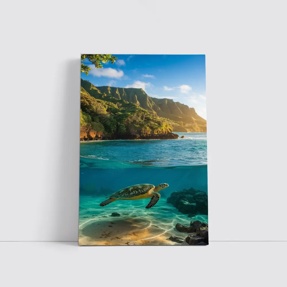 Sea Turtle Swimming Near Tropical Coastal Mountains – Wall Art