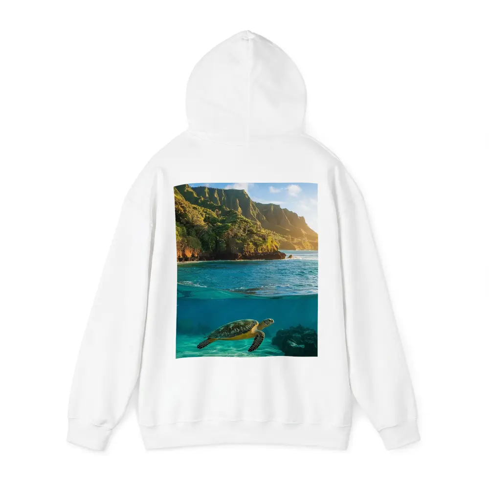 Sea Turtle Swimming Near Tropical Coastal Mountains – Hoodies