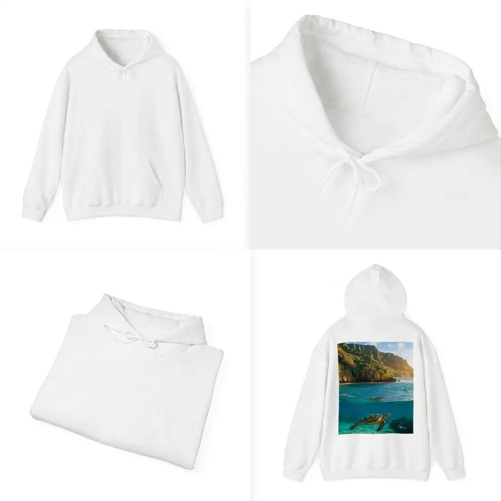 Sea Turtle Swimming Near Tropical Coastal Mountains – Hoodies
