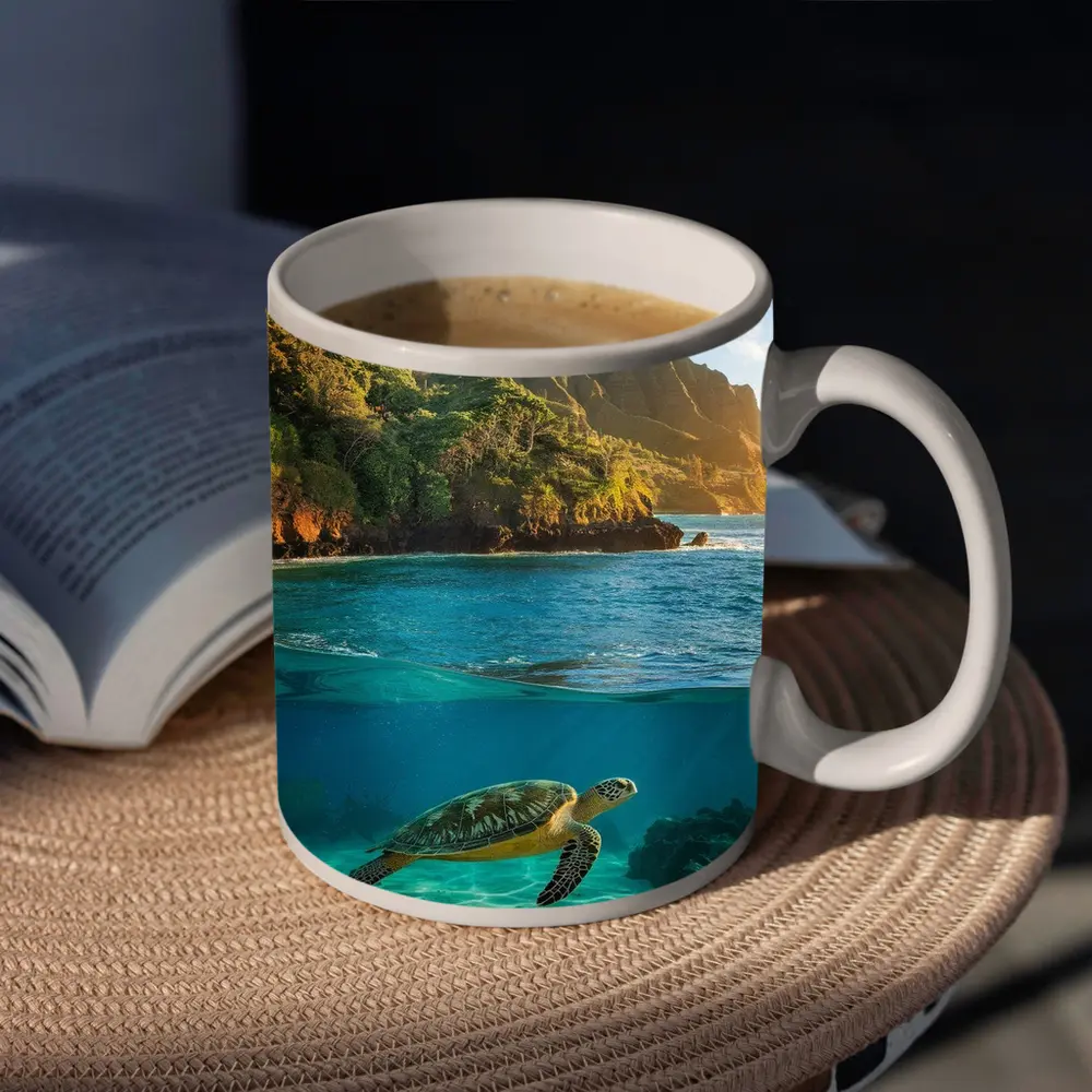 Sea Turtle Swimming Near Tropical Coastal Mountains – Mugs