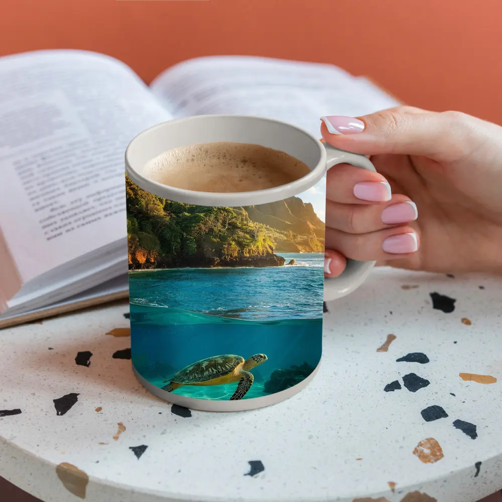 Sea Turtle Swimming Near Tropical Coastal Mountains – Mugs