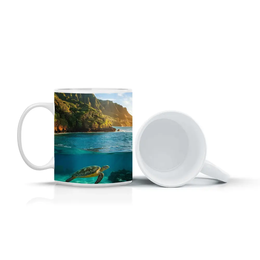Sea Turtle Swimming Near Tropical Coastal Mountains – Mugs