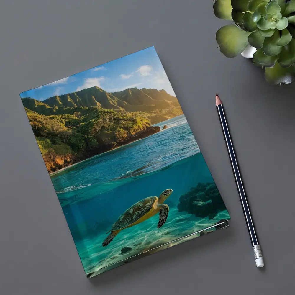 Sea Turtle Swimming Near Tropical Coastal Mountains – Notebooks