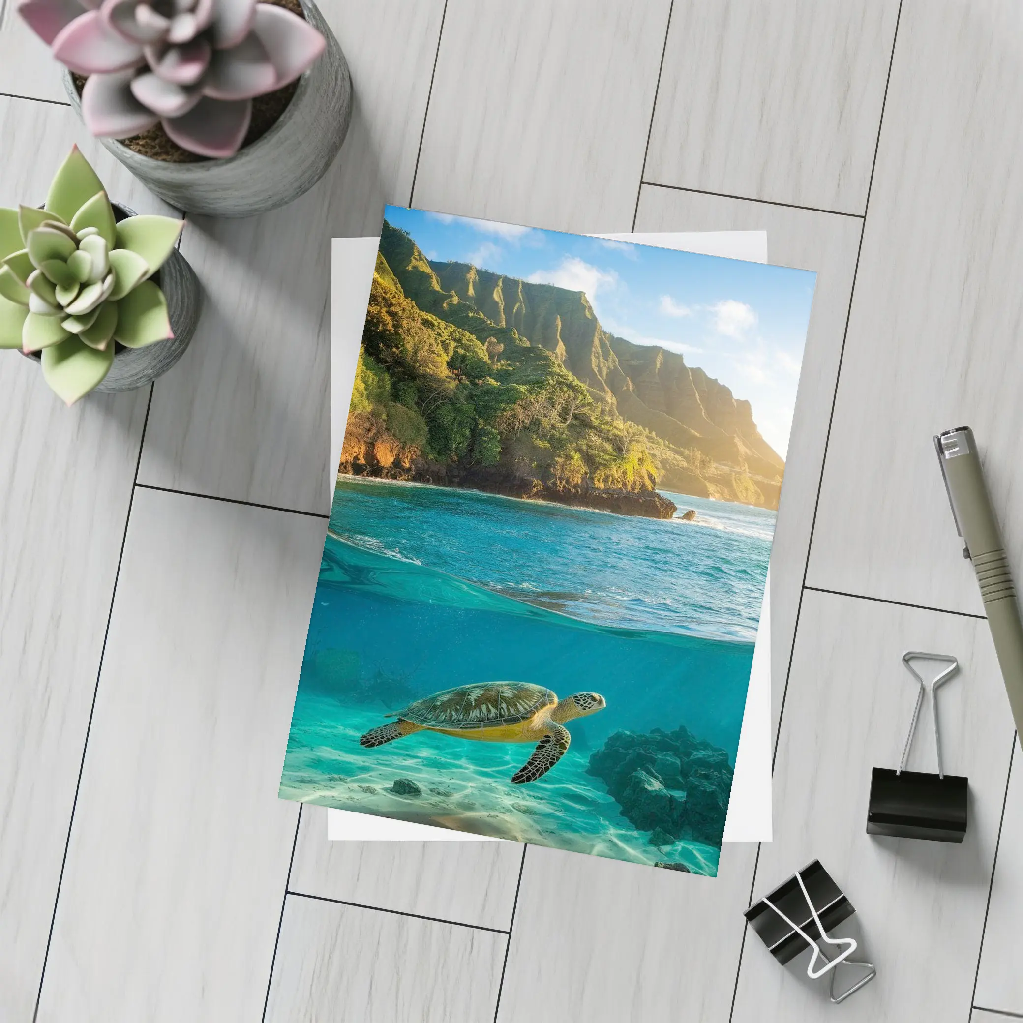 Sea Turtle Swimming Near Tropical Coastal Mountains – Postcards