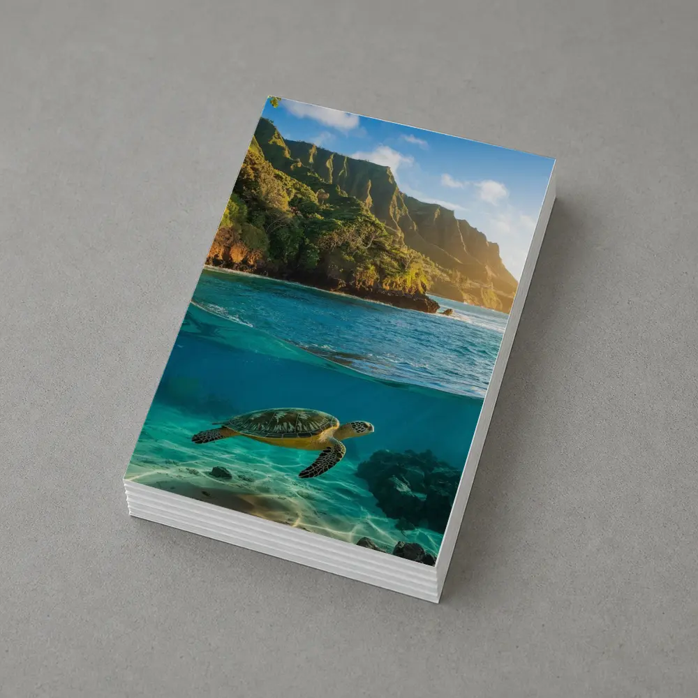 Sea Turtle Swimming Near Tropical Coastal Mountains – Postcards