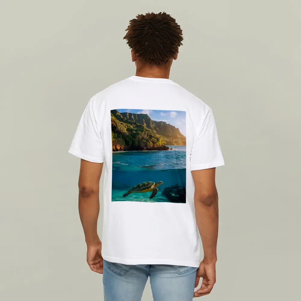 Sea Turtle Swimming Near Tropical Coastal Mountains – T-Shirts