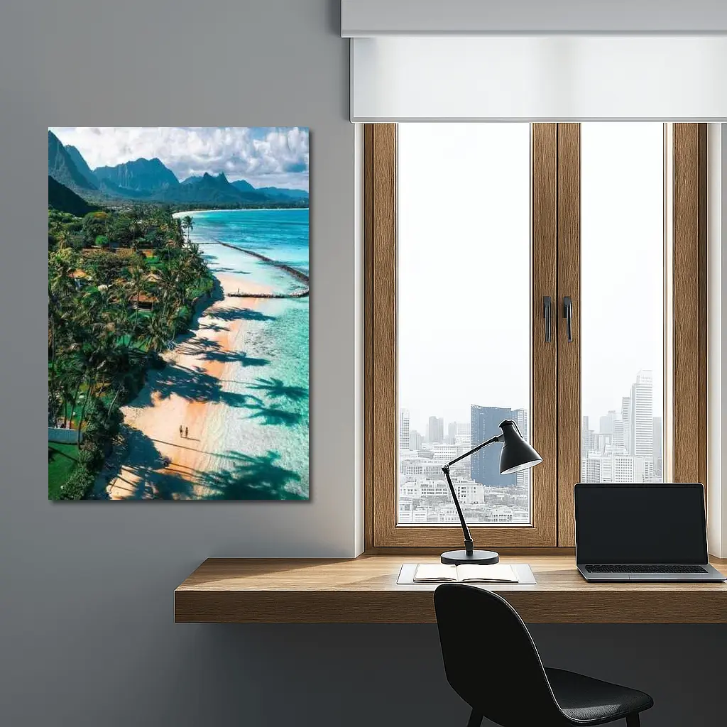 Tropical Beach Palm Shadows Turquoise Water Mountains – Wall Art